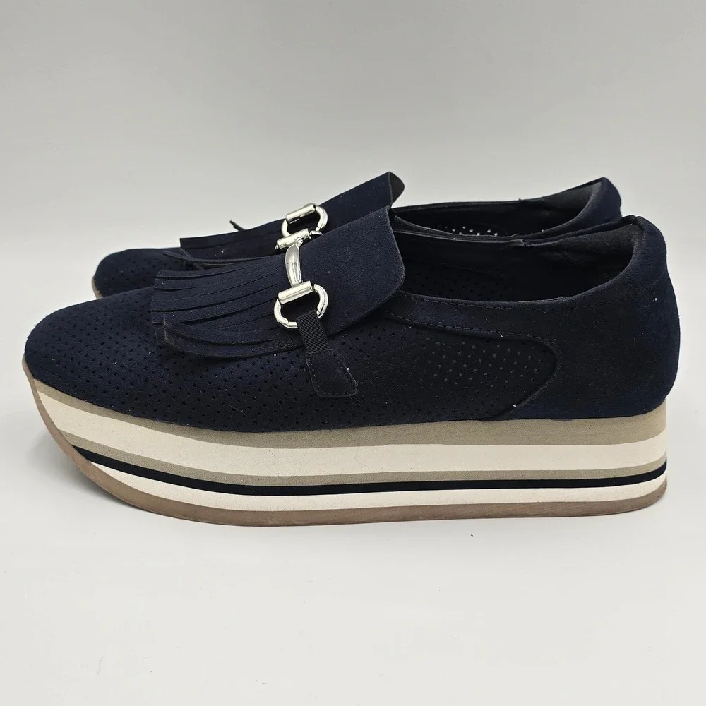 Crown & Ivy Women‎ Navy Blue Suede Platform Kiltie Horsebit Loafers Size 7.5